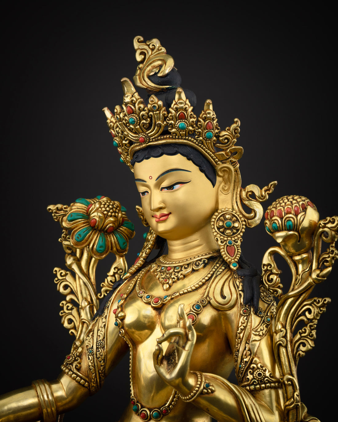 Gold Gilded with Turquoise & Coral Accents: Opulent Green Tara Statue