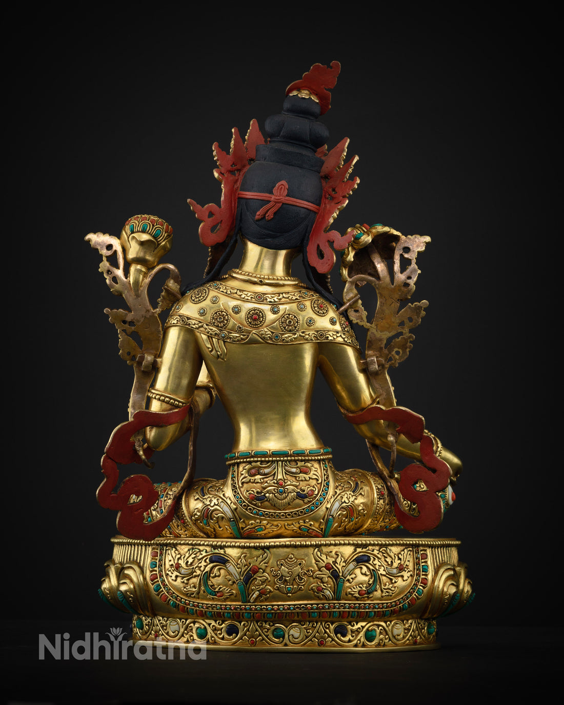 Gold Gilded with Turquoise & Coral Accents: Opulent Green Tara Statue