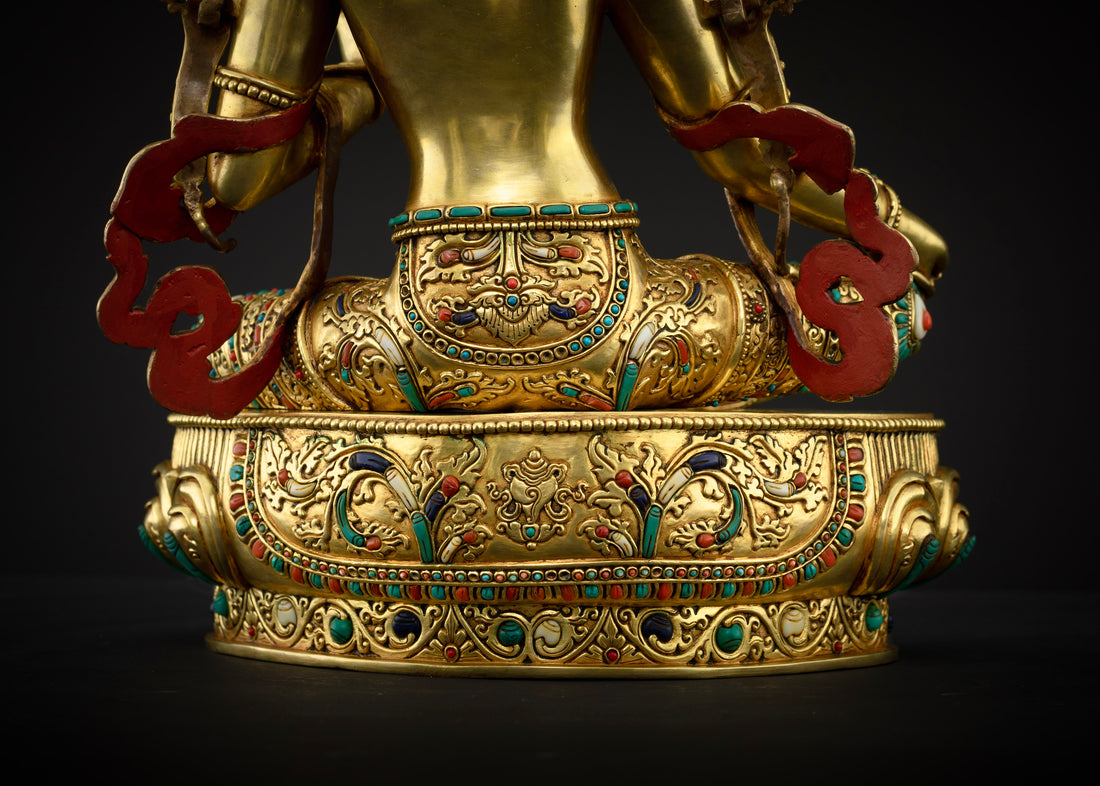 Gold Gilded with Turquoise & Coral Accents: Opulent Green Tara Statue