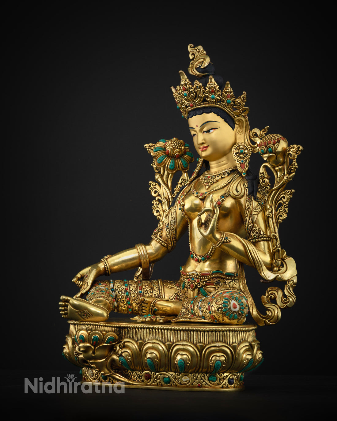 Gold Gilded with Turquoise & Coral Accents: Opulent Green Tara Statue