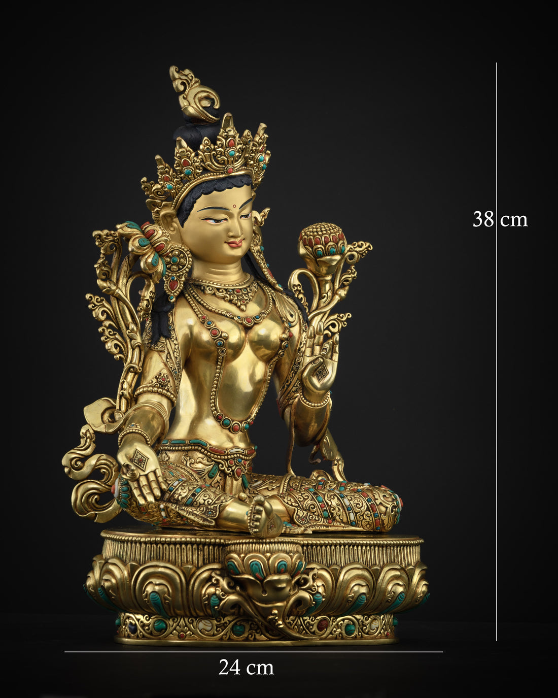 Gold Gilded with Turquoise & Coral Accents: Opulent Green Tara Statue