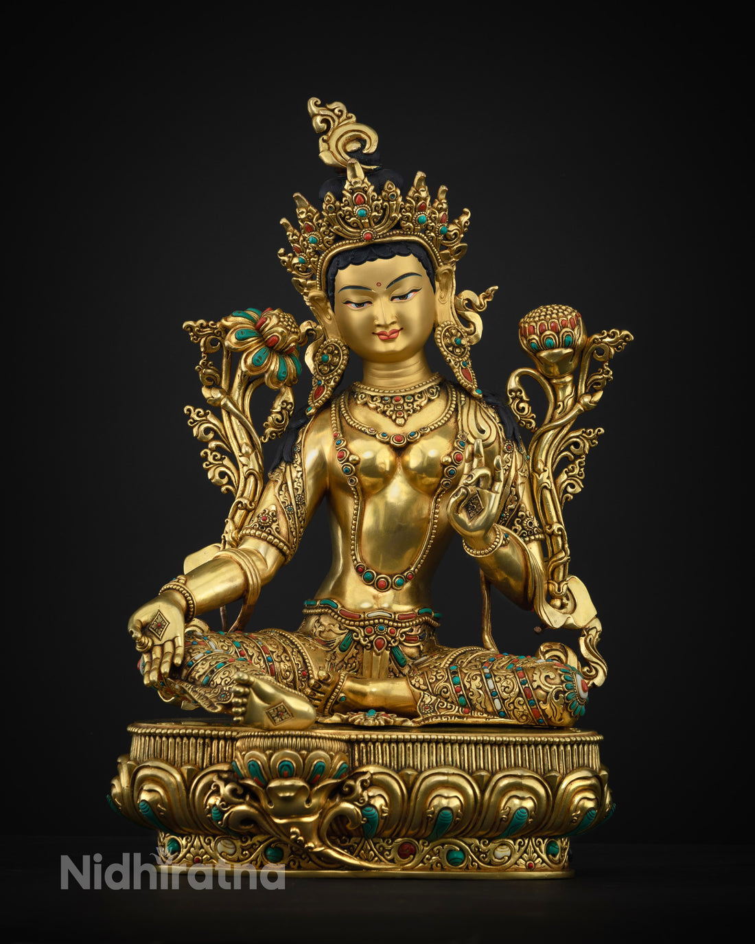 Gold Gilded with Turquoise & Coral Accents: Opulent Green Tara Statue