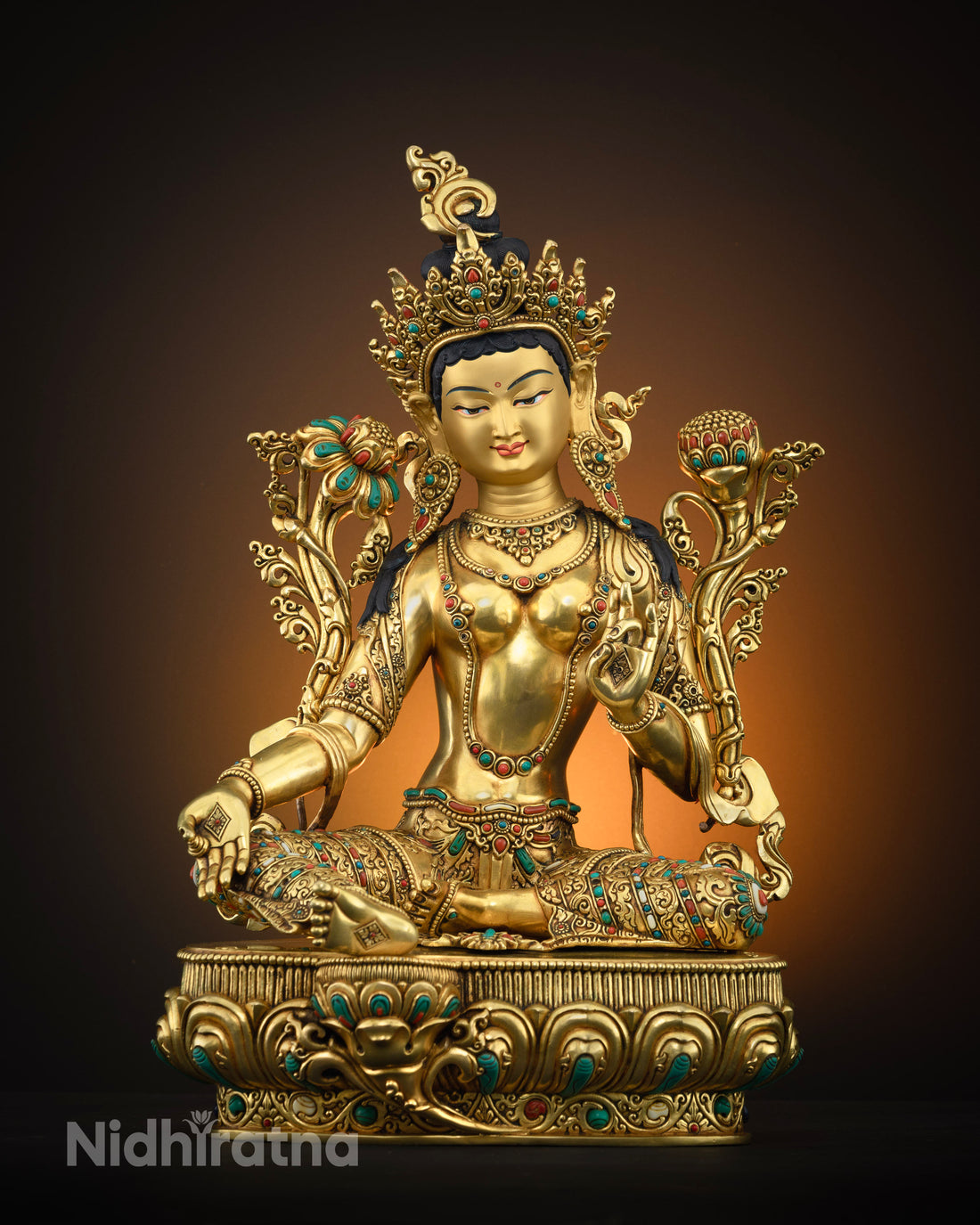 Gold Gilded with Turquoise & Coral Accents: Opulent Green Tara Statue