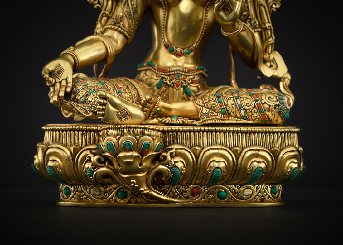 Gold Gilded with Turquoise & Coral Accents: Opulent Green Tara Statue