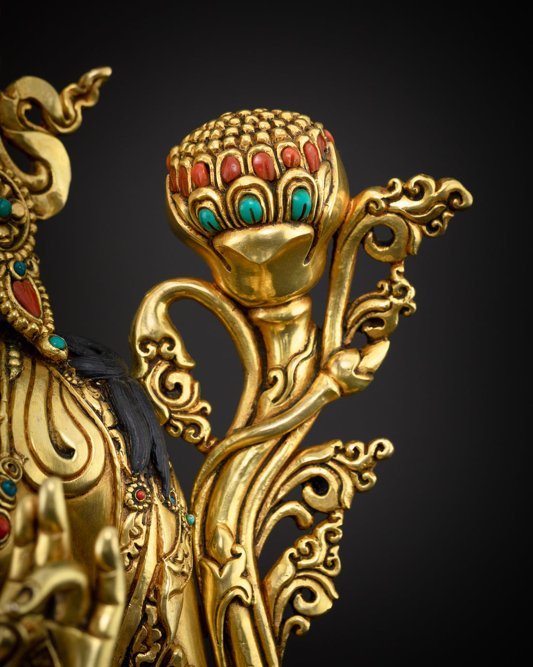 Gold Gilded with Turquoise & Coral Accents: Opulent Green Tara Statue