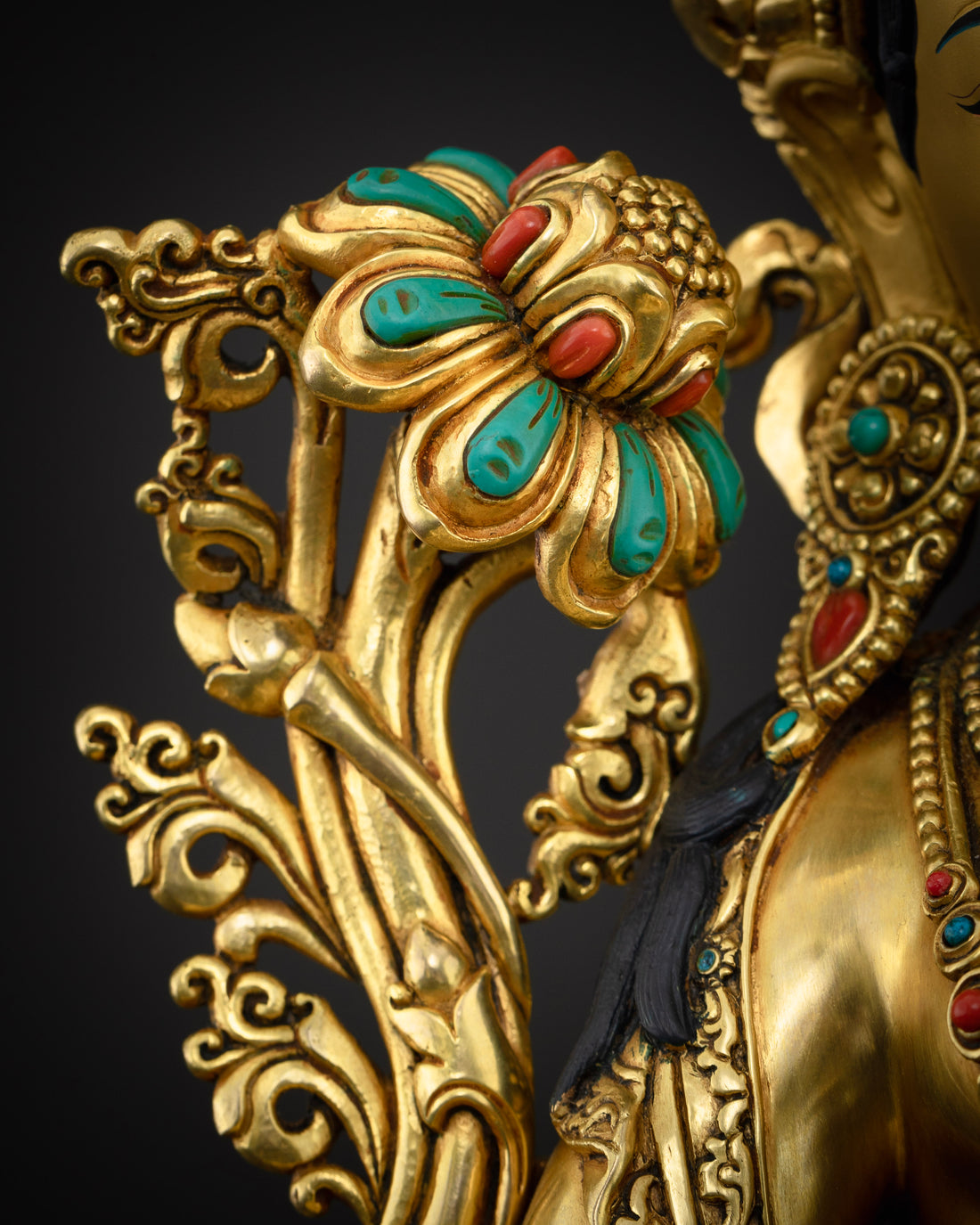 Gold Gilded with Turquoise & Coral Accents: Opulent Green Tara Statue