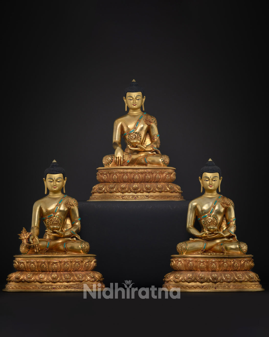 Masterpiece Sacred Trio Buddha Statue Set: Handcrafted in Nepal