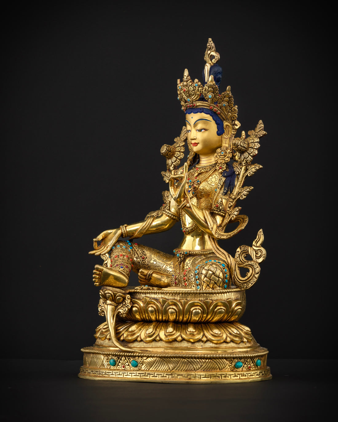 Golden Tara: Hand-Carved Masterpiece Adorned with Celestial Jewels