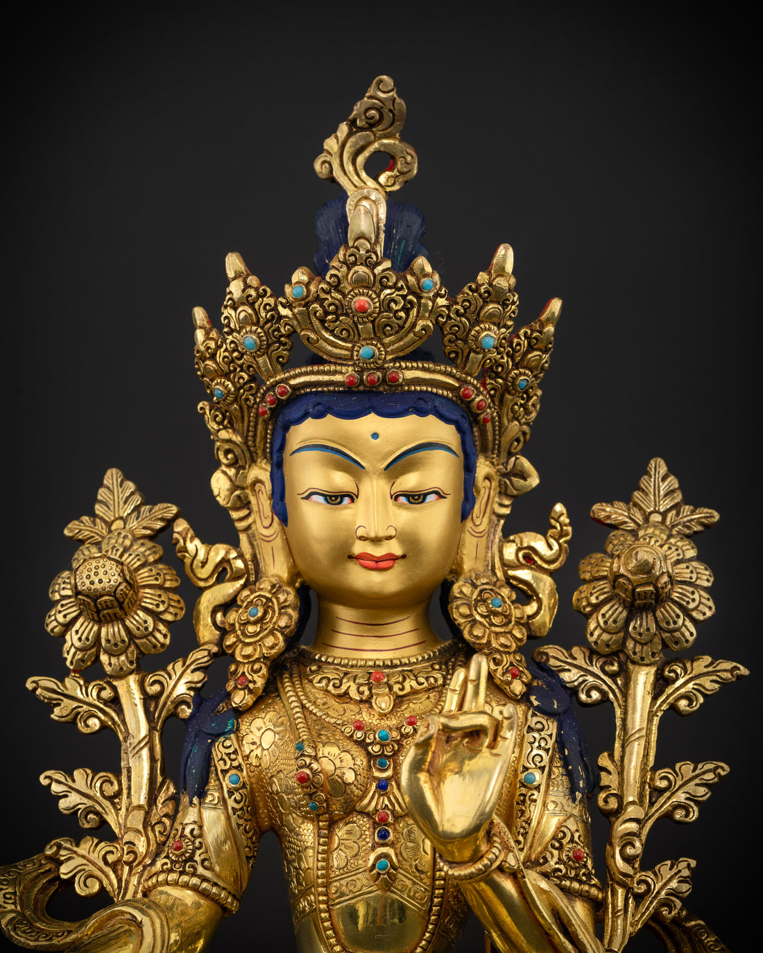 Golden Tara: Hand-Carved Masterpiece Adorned with Celestial Jewels