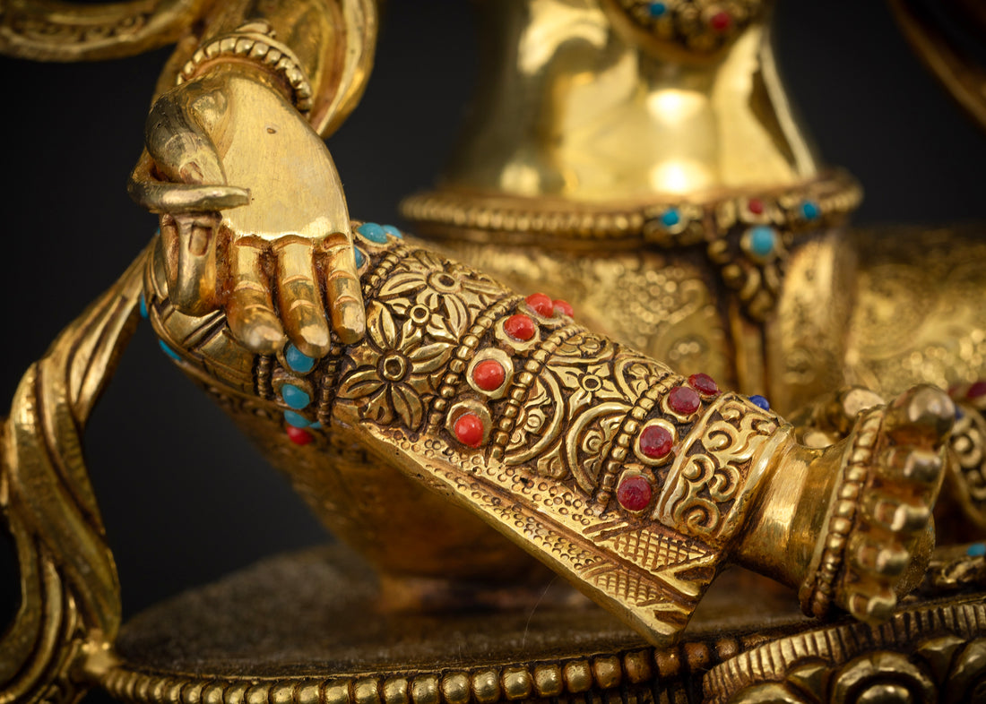 Golden Tara: Hand-Carved Masterpiece Adorned with Celestial Jewels