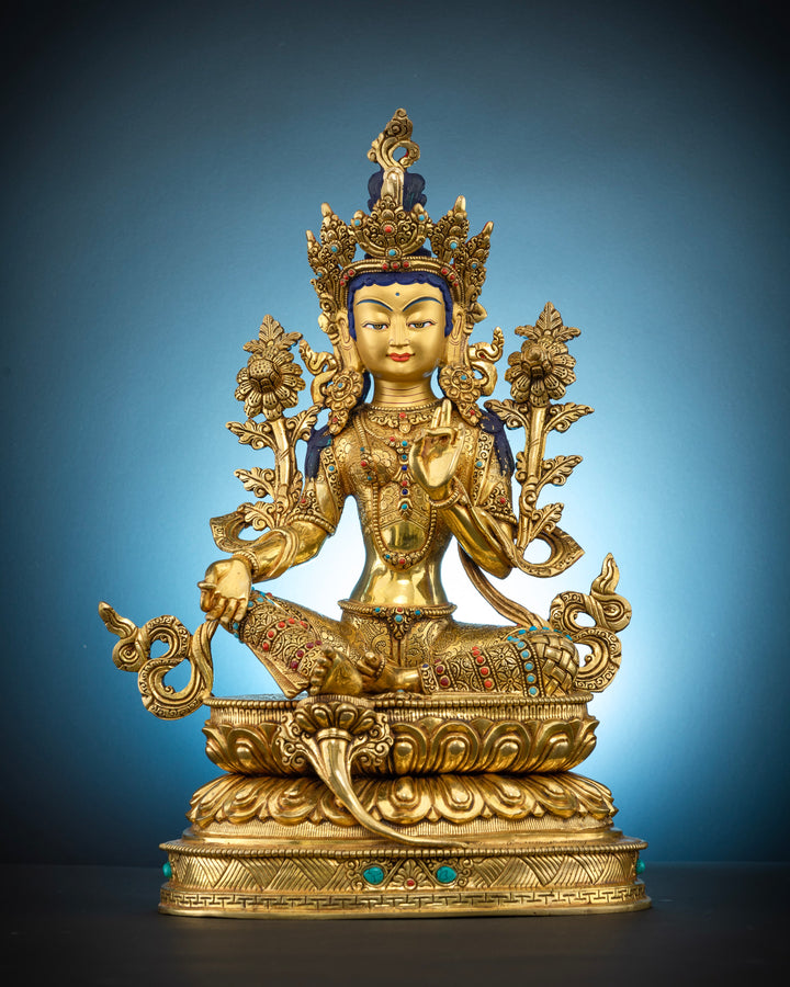 Golden Tara: Hand-Carved Masterpiece Adorned with Celestial Jewels