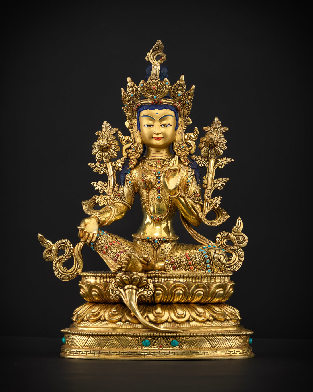 Golden Tara: Hand-Carved Masterpiece Adorned with Celestial Jewels