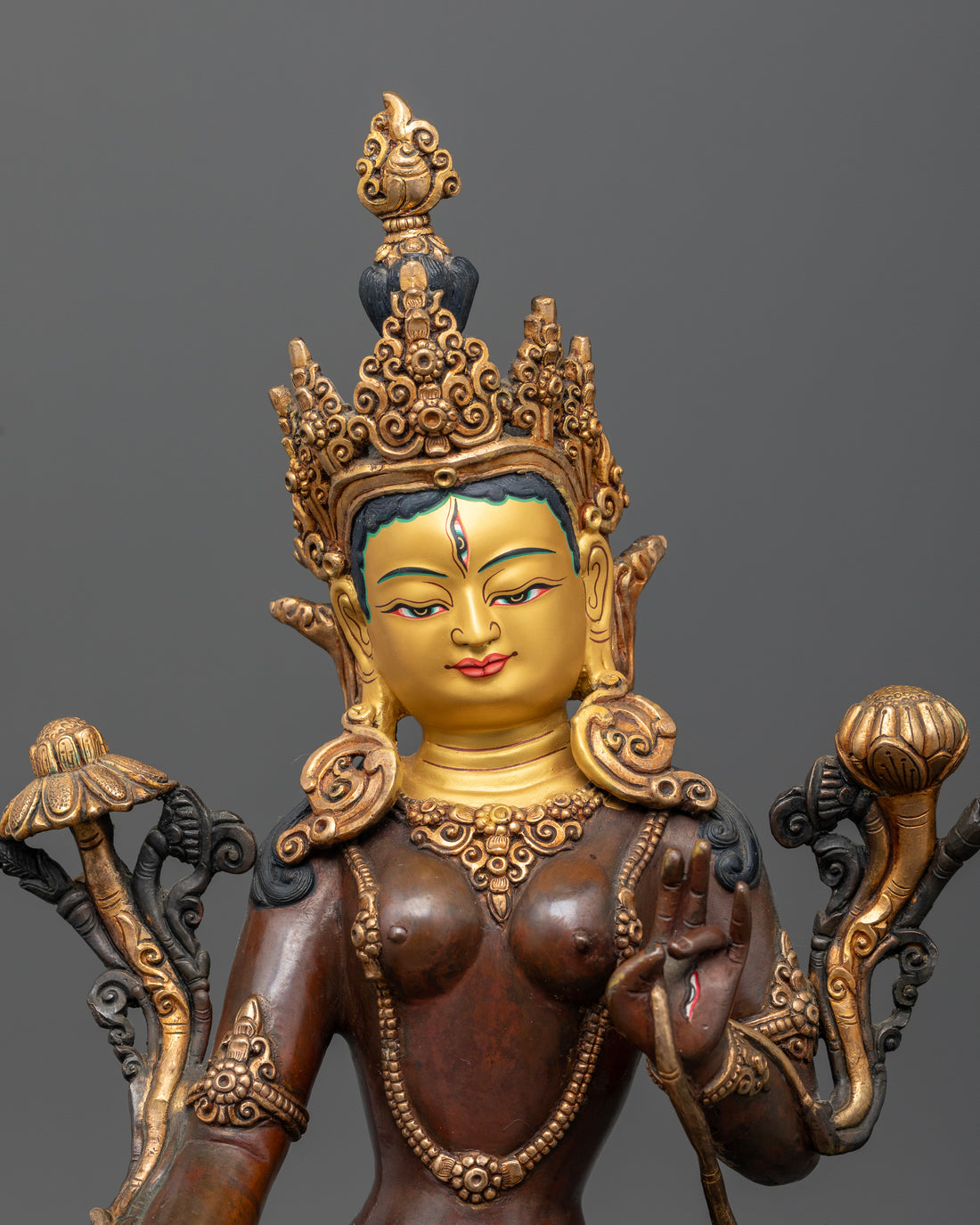 Oxidized White Tara Statue in Majestic Pose on Double Lotus