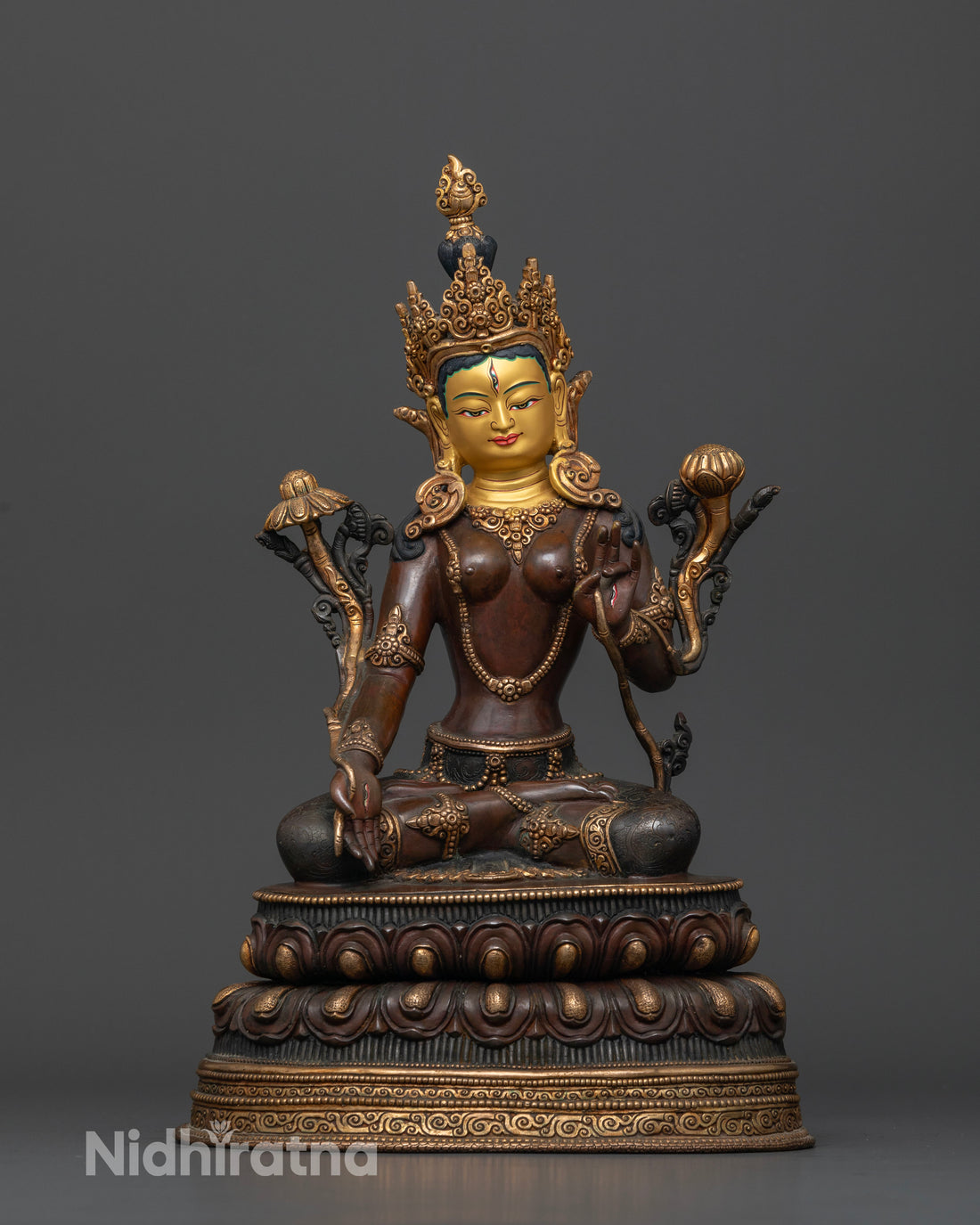 Oxidized White Tara Statue in Majestic Pose on Double Lotus