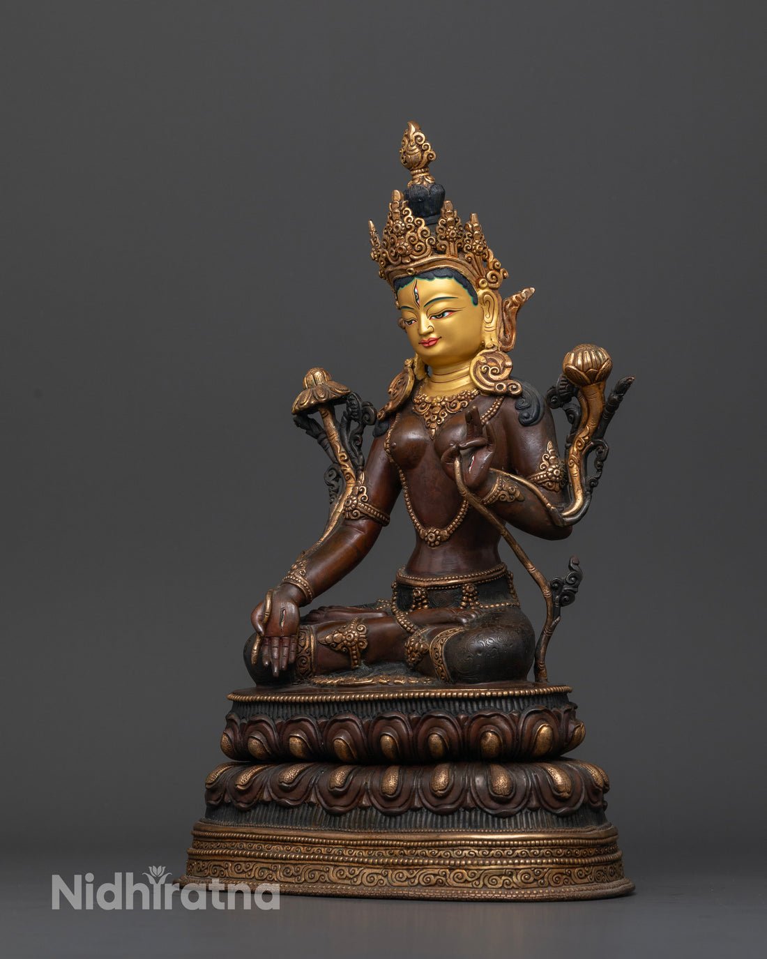 Oxidized White Tara Statue in Majestic Pose on Double Lotus