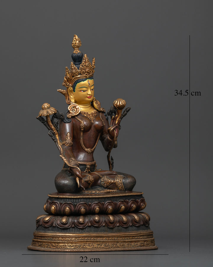 Oxidized White Tara Statue in Majestic Pose on Double Lotus