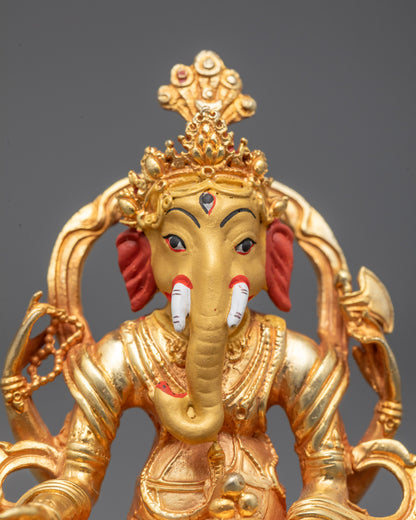 Close-Up of Lord Ganesha’s Serene Face with Detailed Crown