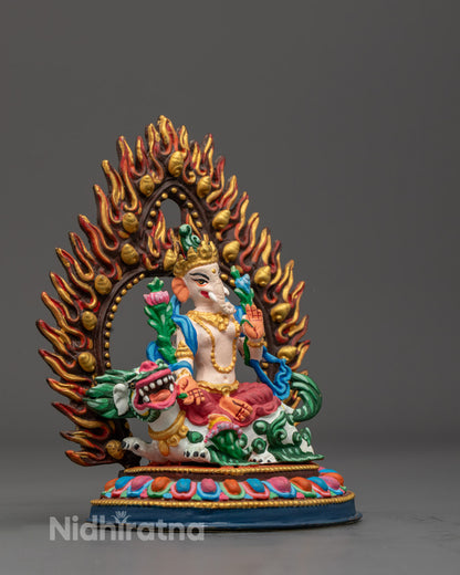 Ganesh Statue placed on a wooden altar, radiating vibrant colors and sacred presence, ideal for home decor and Hindu devotional practice.