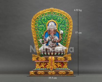 Ganesha Statue On Vibrant Throne | Oxidized Copper Sculpture from Nepal