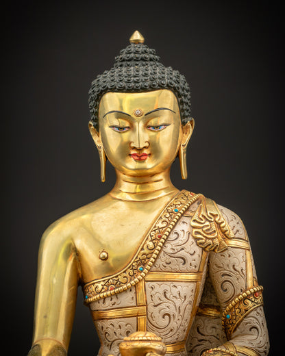 Close-up of Gautama Buddha meditation statue showing serene face, detailed robes, and gold gilded craftsmanship from Nepal.