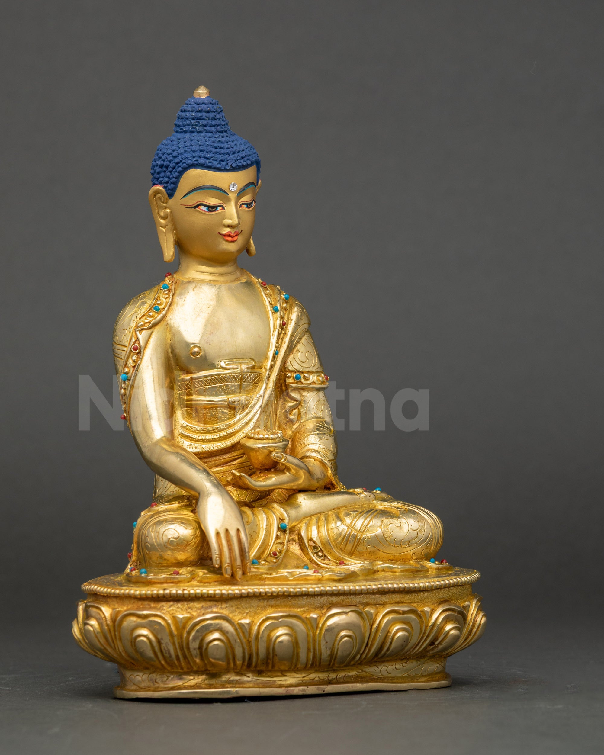 Gautama Buddha Statue right side view with gold fire gilded details