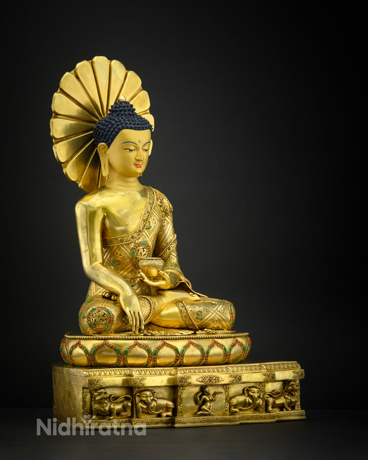 A gold statue of a seated Buddha on a pedestal| Buddha Statue | Shakyamuni Buddha Statue | Buddha Gold Tall Statue |Siddhartha Gautama Buddha Statue | Gautam Buddha Statue