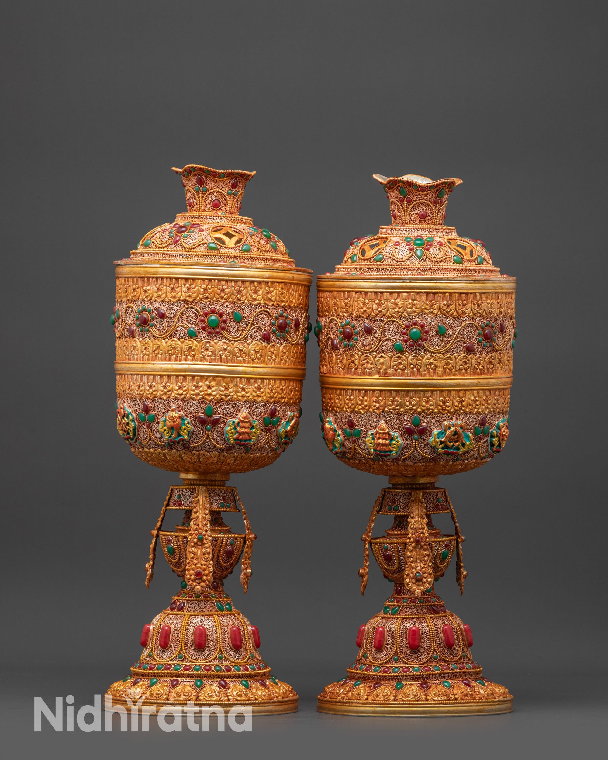 Gold-Gilded Copper Butter Lamp with Kalash Base Handcrafted in Nepal