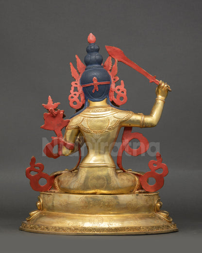 Gold-Gilded Manjushri Statue on Lotus Seat with Dharma Wheel Carvings
