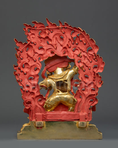 Gold-Gilded Vajrapani Deity Sculpture with Blazing Halo for Spiritual Protection