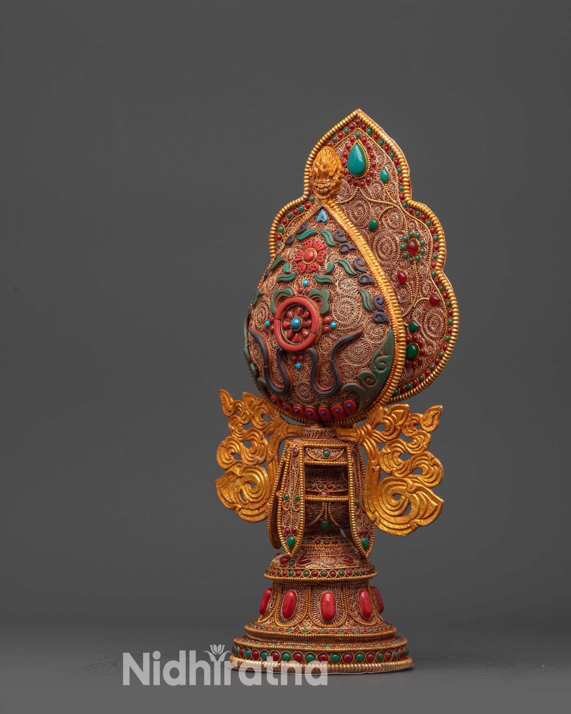 Gold-Plated Wheel of Dharma with Kalash Base Handmade in Nepal