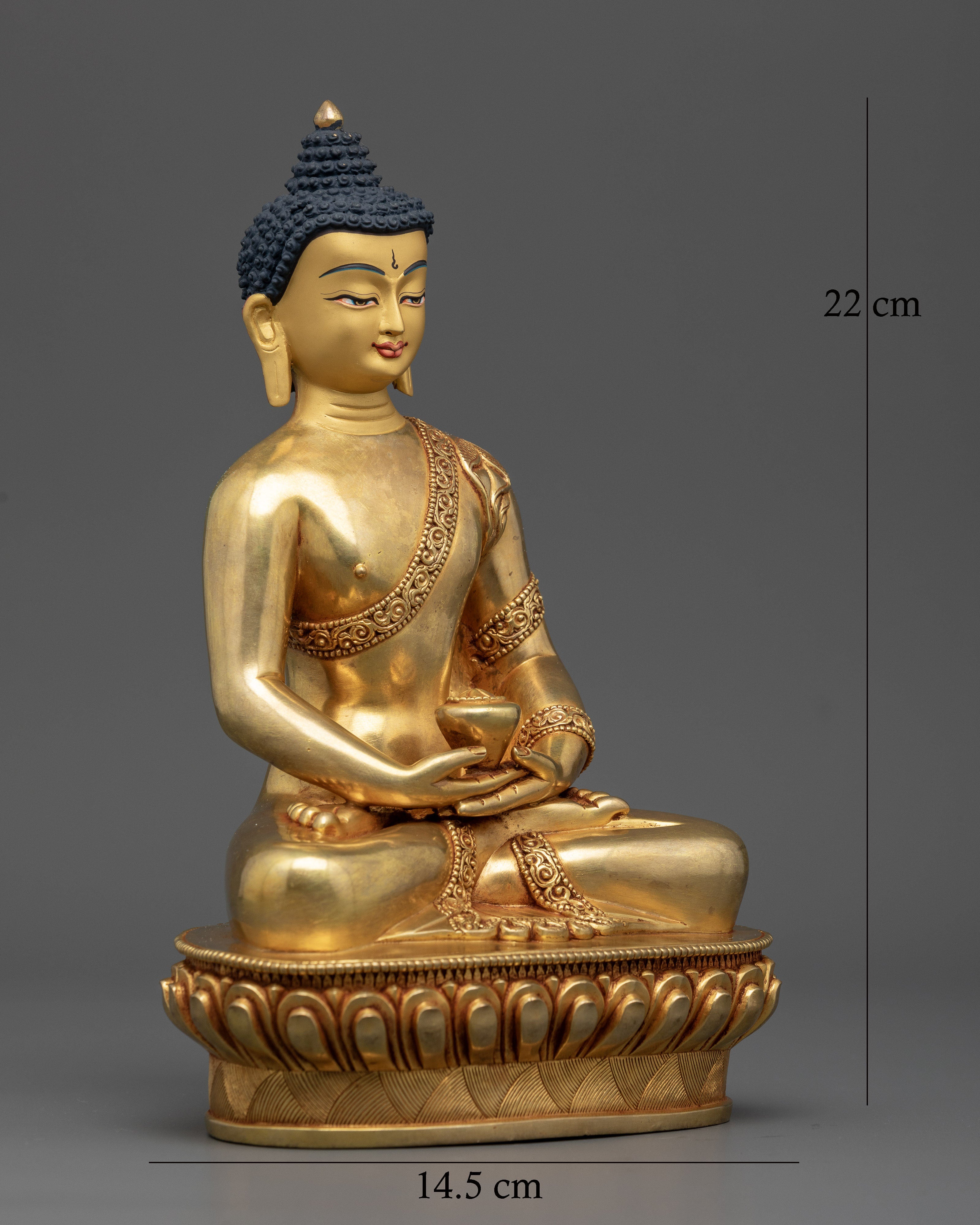 Gold gilded Amitabha Buddha statue seated on lotus in Dhyana Mudra.