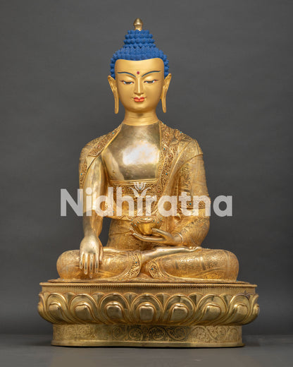 Gold gilded Shakyamuni Buddha statue in Bhumisparsha mudra, Nepal handmade copper sculpture