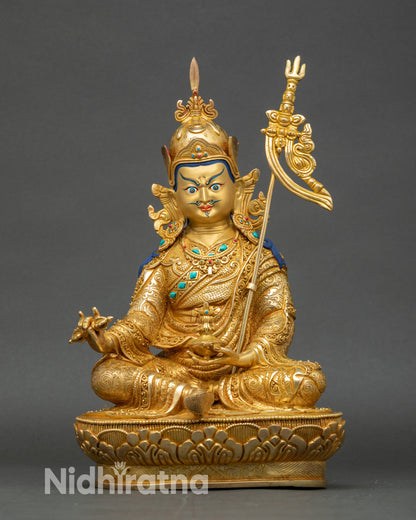 Gold-gilded Guru Rinpoche Padmasambhava statue handmade in Nepal, authentic Tibetan Buddhist art for meditation