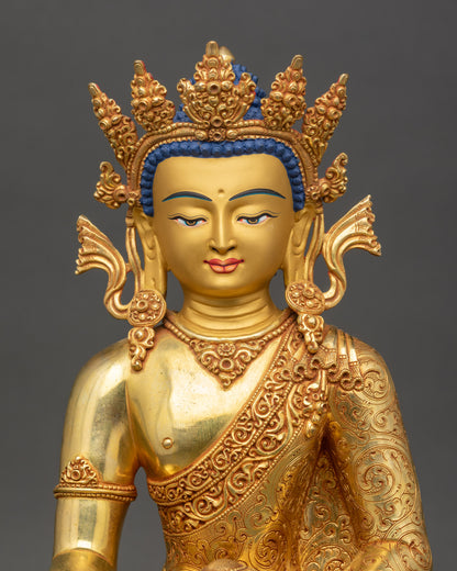 Gold-gilded face Crowned Shakyamuni Buddha with diadem and ornate earrings