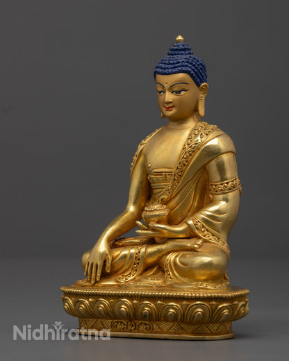 Gold-plated Shakyamuni Buddha sculpture with hollow chamber for mantras and relics, representing spiritual awakening and clarity