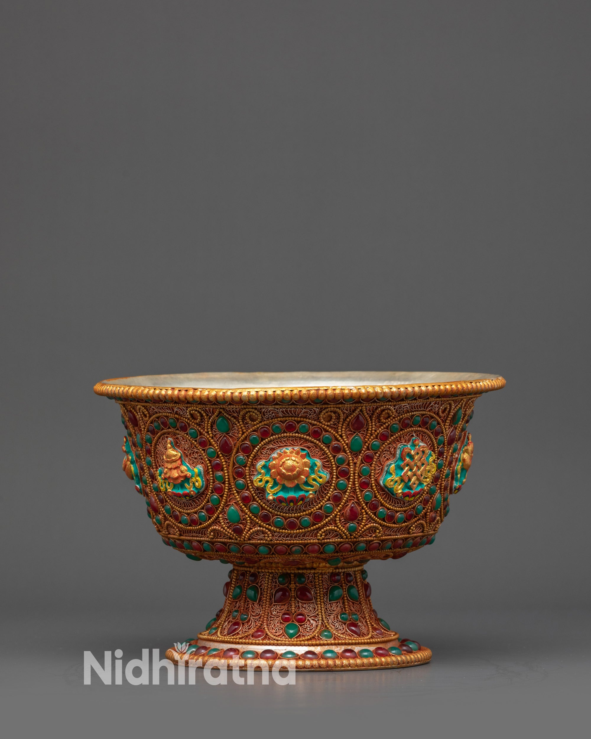Gold-plated copper Tibetan offering bowls with Astamangala symbols and semi-precious stones