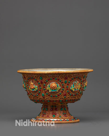 Gold-plated copper Tibetan offering bowls with Astamangala symbols and semi-precious stones