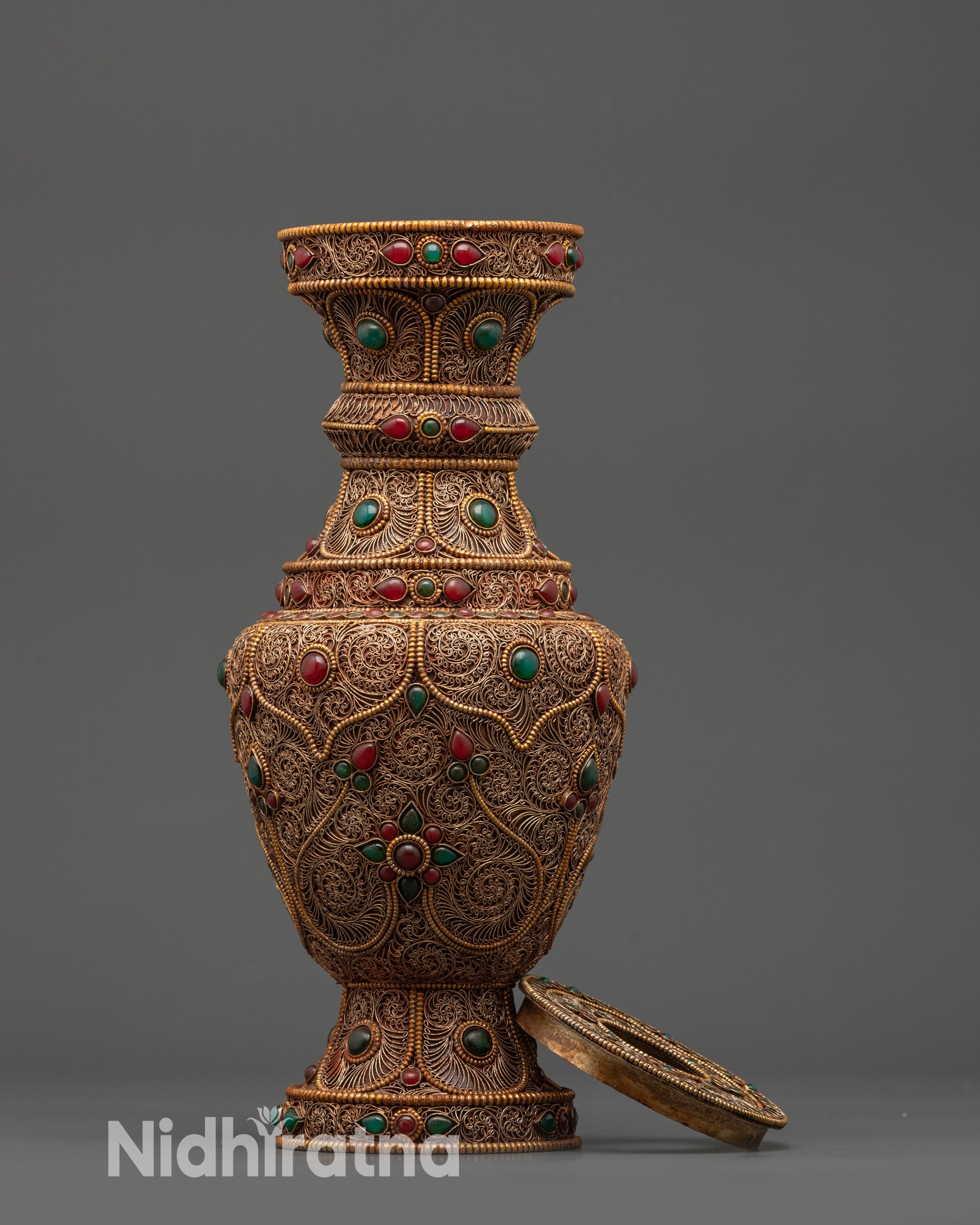 Gold-plated filigree flower vase with semi-precious stones and copper base