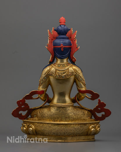 Gold Amitayush statue, representing the Buddha of Infinite Life, perfect for home shrines, meditation altars, and enhancing spiritual practices.