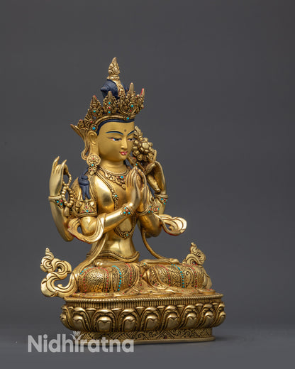 Gold Fire-Gilded Chenrezig Statue Seated on Lotus with Dharma Wheel