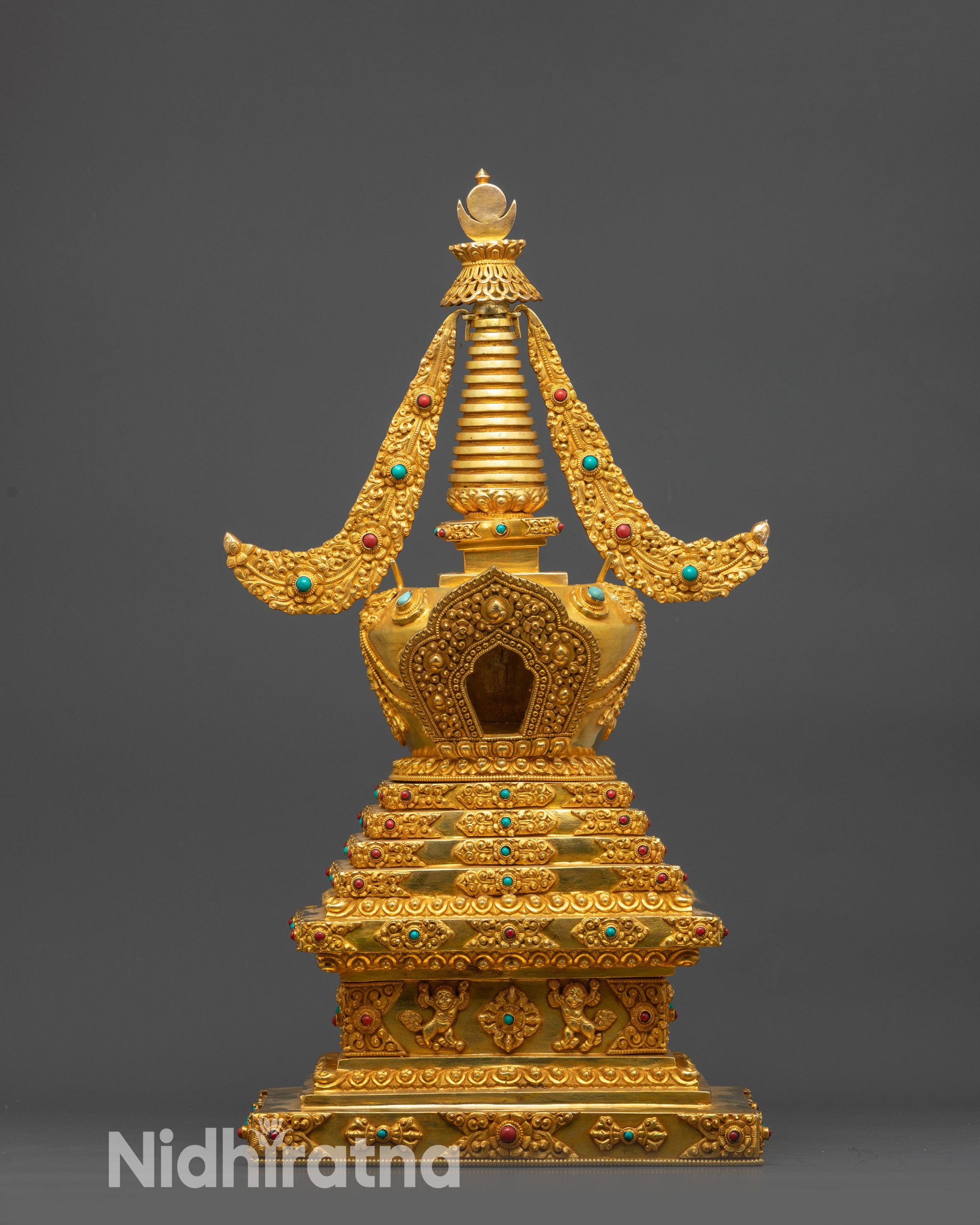 Gold Plated Tibetan Stupa Handmade Buddhist Chorten from Nepal
