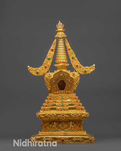 Gold Plated Tibetan Stupa Handmade Buddhist Chorten from Nepal
