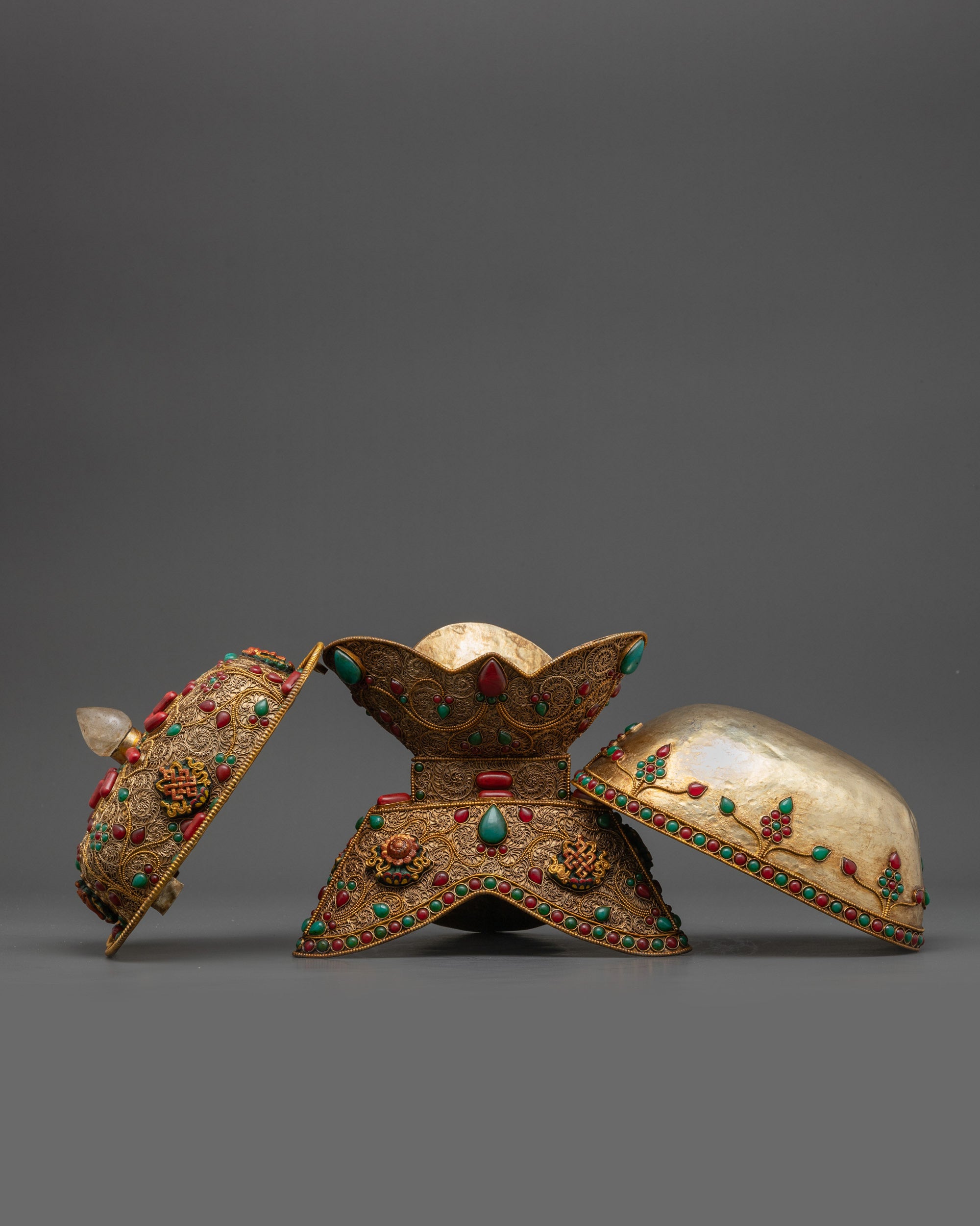 Gold and Silver Plated Ritual Kapala Cup on Three-Sided Buddhist Base