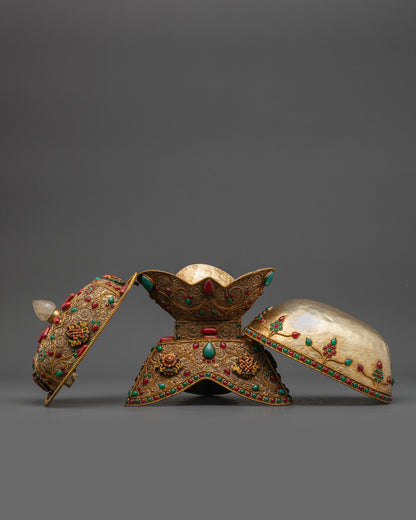 Gold and Silver Plated Ritual Kapala Cup on Three-Sided Buddhist Base