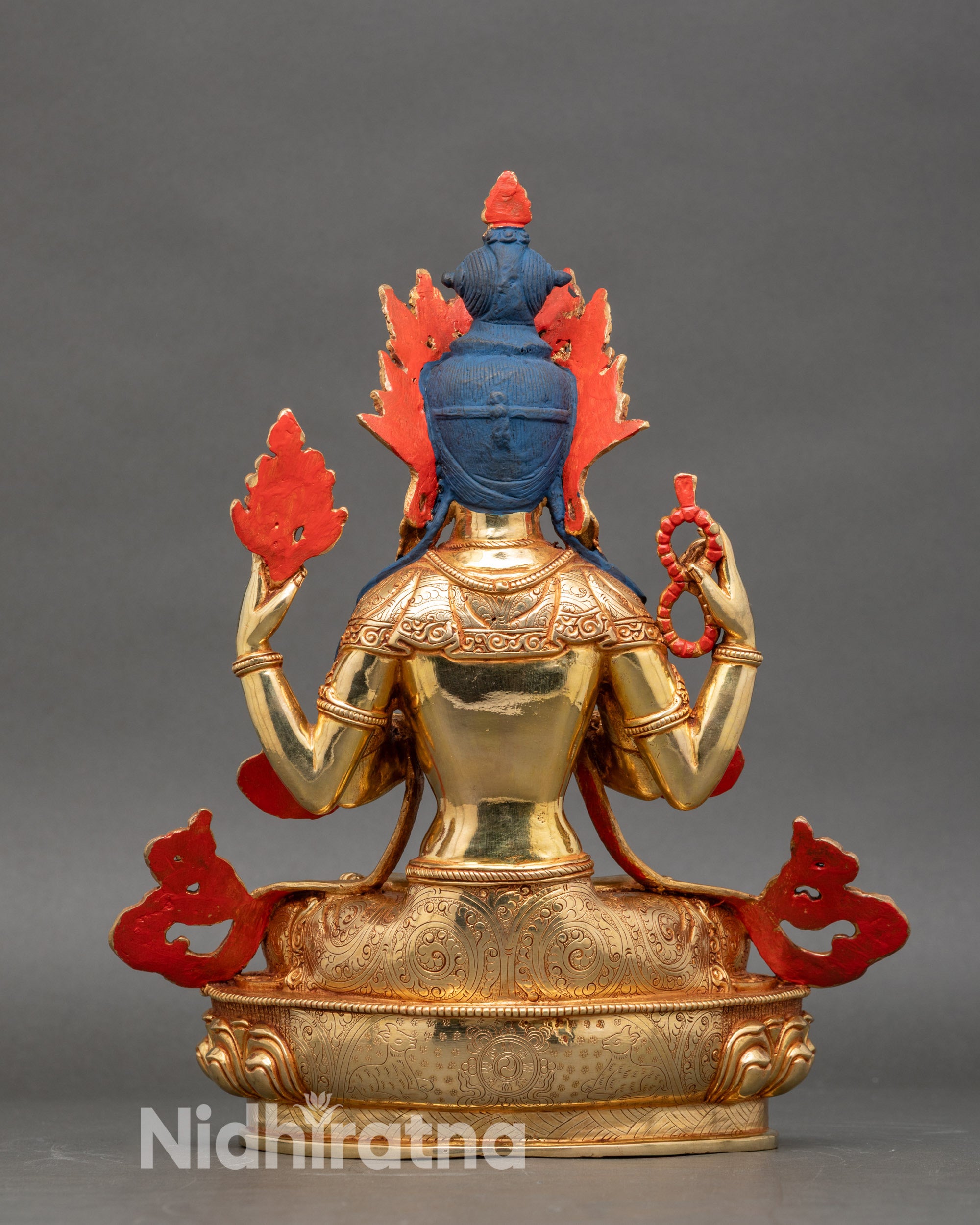 Gold fire-gilded Chenrezig statue from Patan Nepal, four-arm Avalokiteshvara meditation altar sculpture