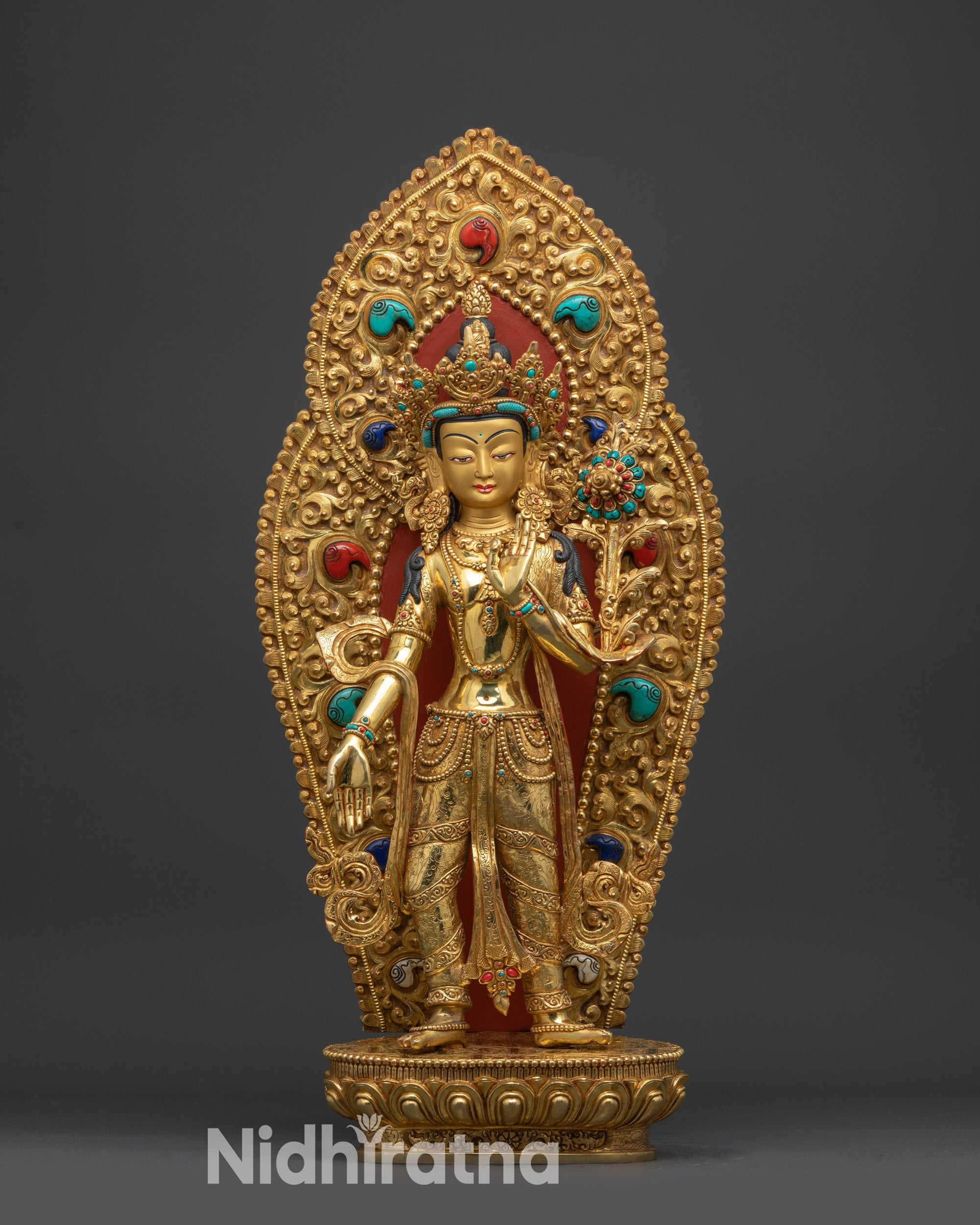Gold fire-gilded Standing Chenrezig statue handcrafted copper Avalokiteshvara Buddhist sculpture