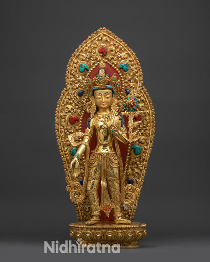 Gold fire-gilded Standing Chenrezig statue handcrafted copper Avalokiteshvara Buddhist sculpture