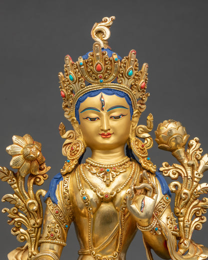 Gold fire‑gilded White Tara artwork with seven‑eye symbolism and sacred mudras for peace