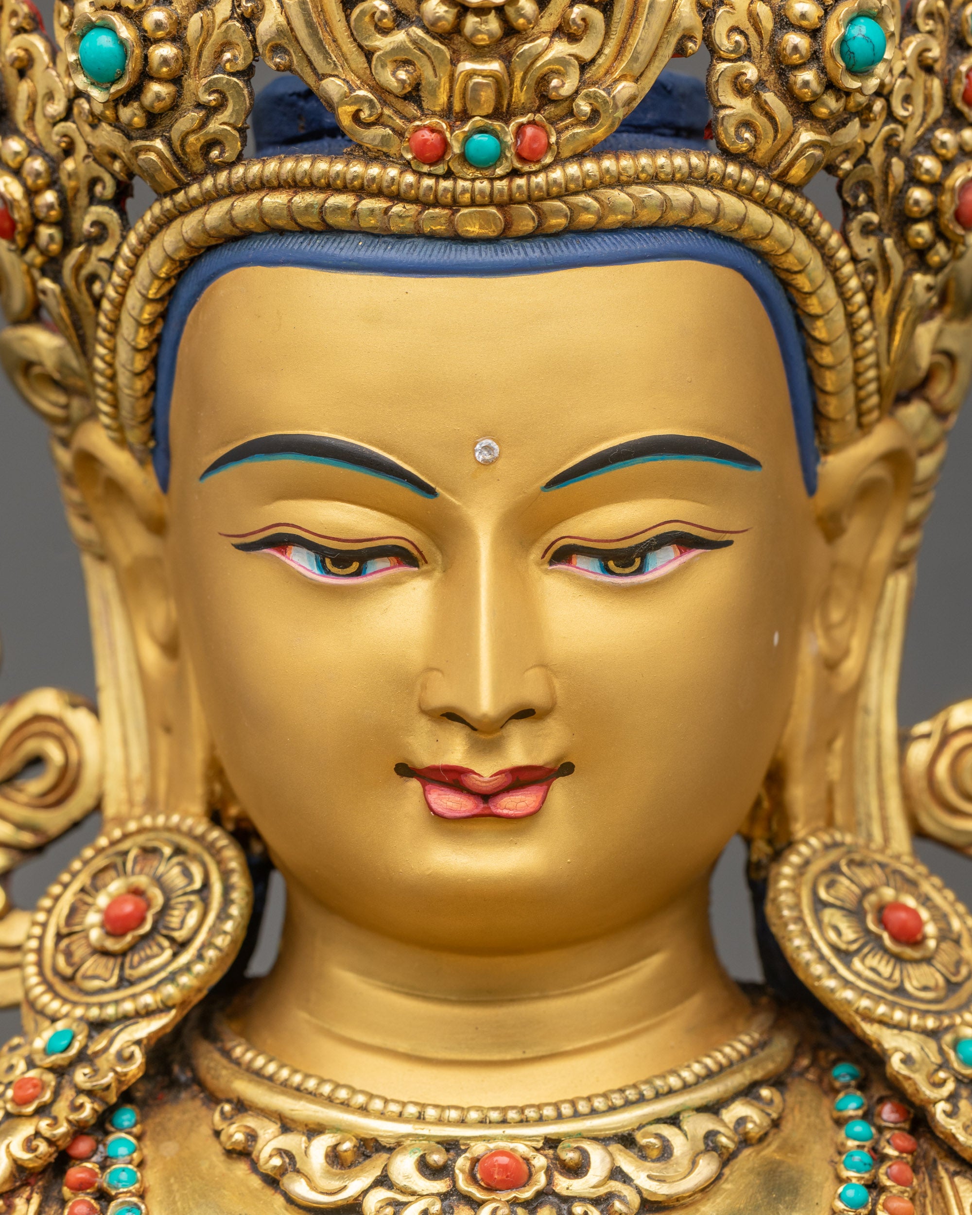 Gold gilded Vajrasattva face with Five Jewelled Crown Nepalese idol