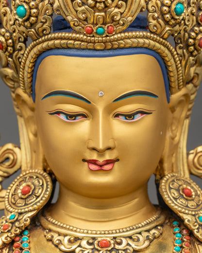 Gold gilded Vajrasattva face with Five Jewelled Crown Nepalese idol